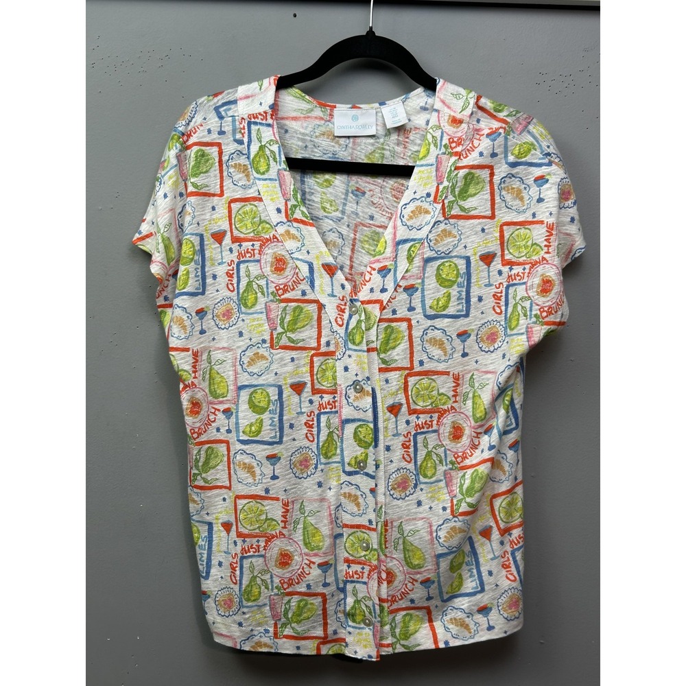 Cynthia Rowley Shirt Womens Medium Girls Just Wanna Have Brunch Linen Top‎